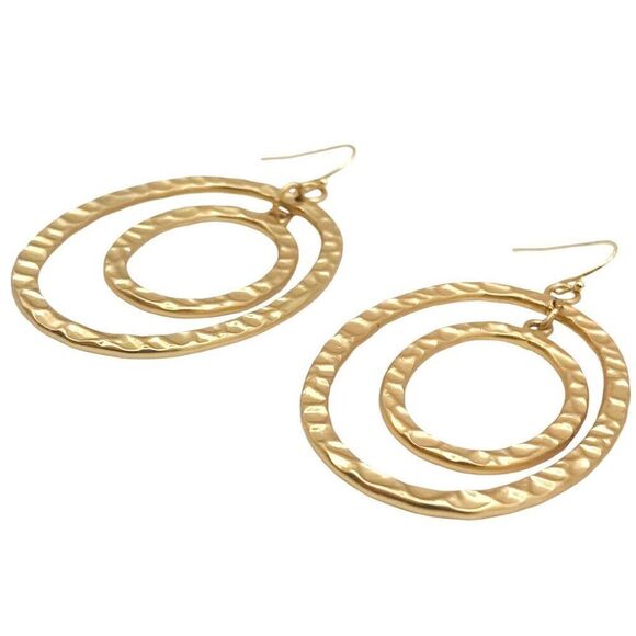 Matte Gold Hammered Oval Dangle Earrings - Picture 3 of 7